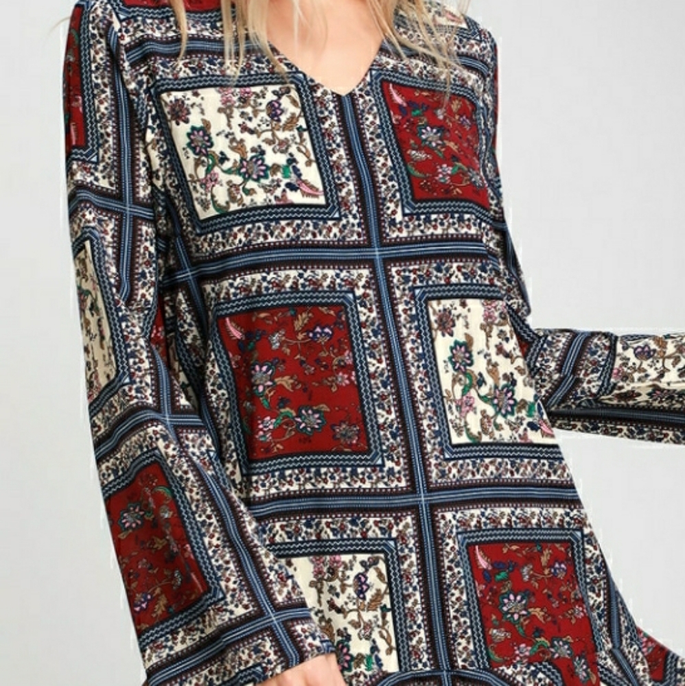 LULUS Crack a Smile Cream and Plum Multi Print Long Sleeve Shift Dress - NWT - Picture 2 of 15